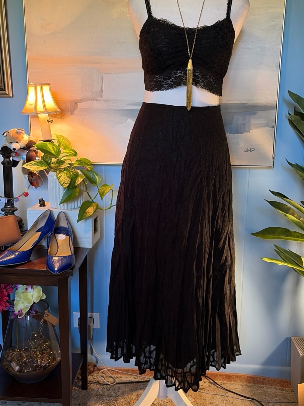 Reba Black Pleated Maxi Skirt with Flowing Panels